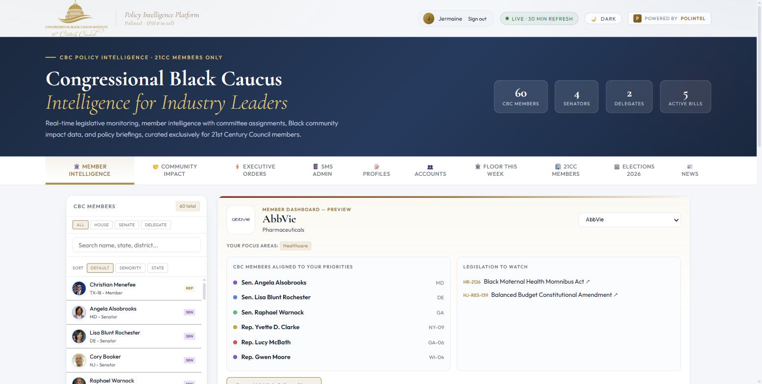 Member dashboard showing a company's aligned CBC members and legislation to watch