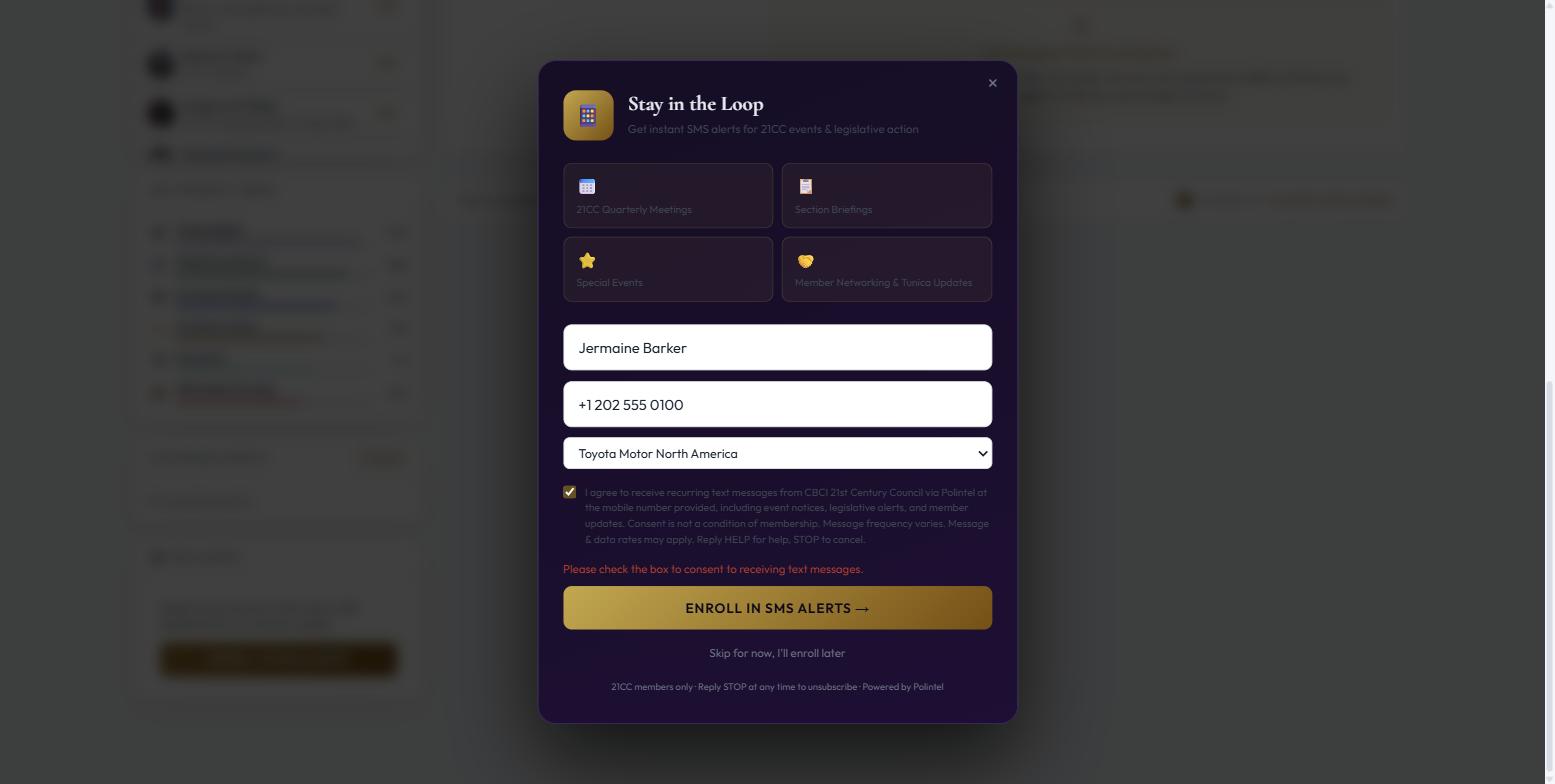 SMS enrollment window with the consent checkbox checked