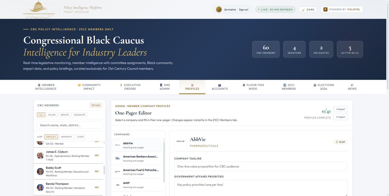 One-pager editor with a company selected